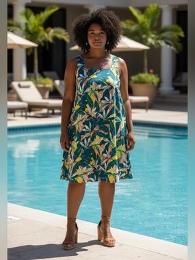 Columbia PFG, Tropical Dress, 1X Plus Size, Stretch Summer, Teal Floral